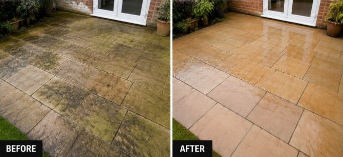Before and after of a natural stone patio cleaned by L.A. Exterior Cleaning — black algae and grime washed away to restore the warm stone colour